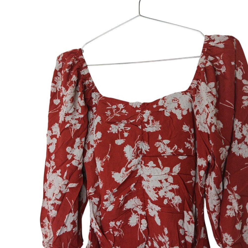 Easel Red Floral Dress Sweetheart Neckline Bubble Sleeve Ruched Bodice SZ L - Picture 11 of 13